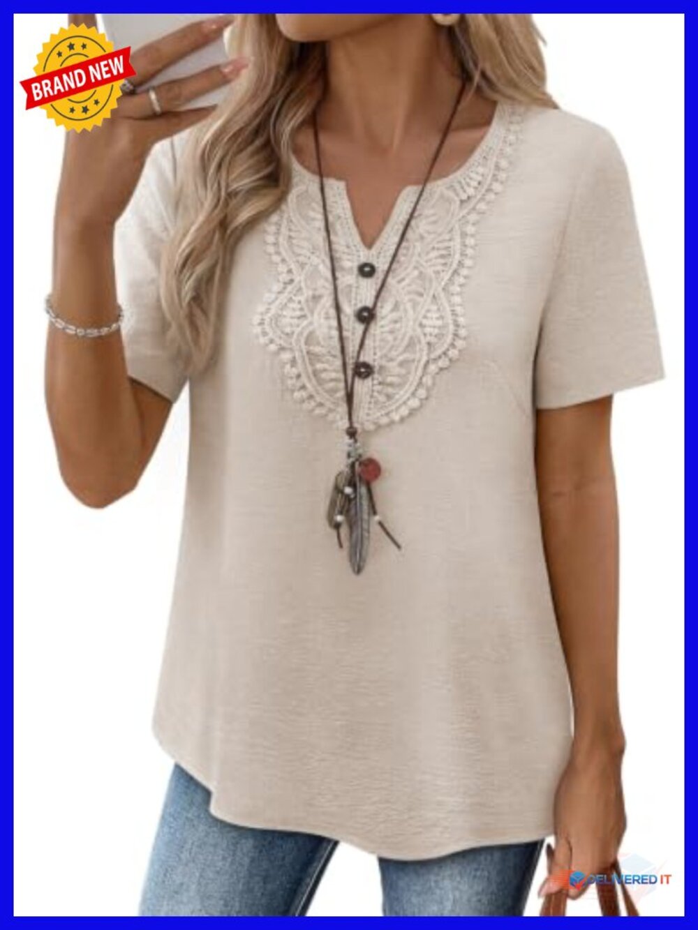Casual Lace V Neck Boho Tunic Top Short Sleeve Peasant Blouse
